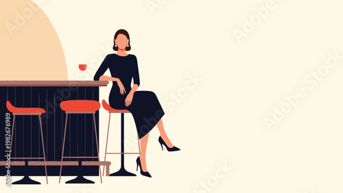Sophisticated woman in a black dress sitting alone at a stylish bar counter with empty stools in a minimalist flat vector illustration.