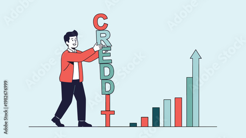 Young man stacking large letters to spell out the word credit next to a bar chart showing a positive upward growth trend on a blue background.