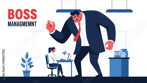 Intimidating giant boss shouting at a female employee working at a desk in a conceptual illustration of office harassment and management.