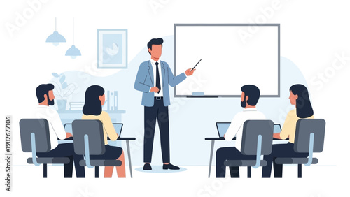Business meeting: trainer teaching colleagues in a modern office with laptops and whiteboard