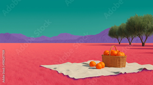 Peaceful Picnic on Bright Pink Grass Field Under Lavender Purple Sky – Surreal Dreamscape