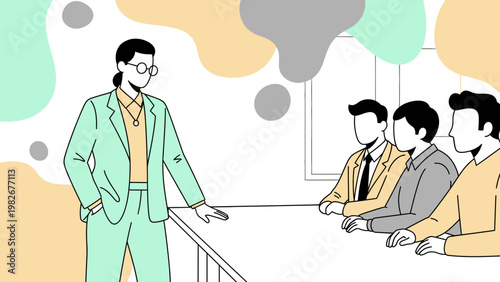 Business meeting with a confident leader presenting to a team in a modern office