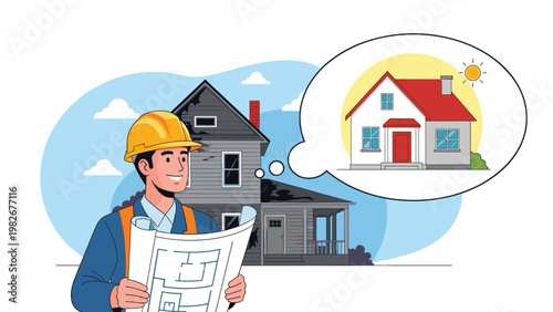 Smiling architect wearing a yellow hard hat and holding blueprints while dreaming of a beautiful new house with a red roof and garden.