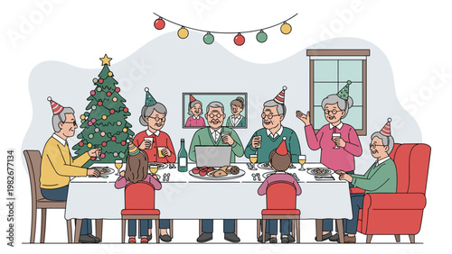 Large multi generational family celebrating a festive holiday dinner together while connecting with relatives through a laptop on the table.