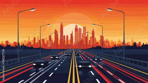 Busy multi lane highway leading into a large city skyline during a vibrant orange and yellow sunset with cars driving in both directions.