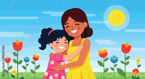 Mother Embracing Little Girl Outdoors.