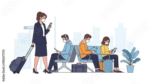Travelers wearing protective face masks sitting and standing in an airport terminal waiting area with their suitcases during a pandemic.