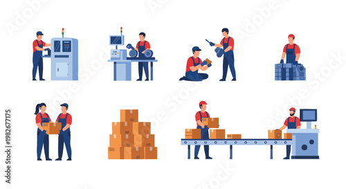 Industrial factory workers illustration set. Manufacturing production process. Flat vector art. For business and logistics.