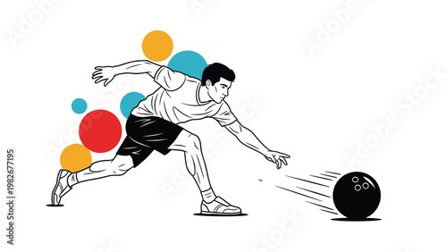 Young man in sports attire performs a powerful throw with a bowling ball on a white background decorated with vibrant colorful circles.