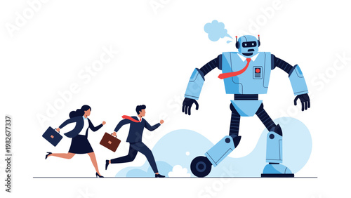 Enormous humanoid robot in a tie chases two business professionals who are running away in fear while carrying their briefcases.