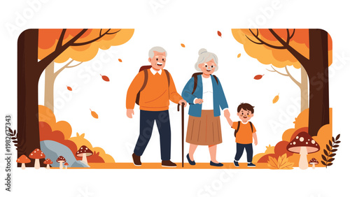 Elderly couple and their young grandson enjoy a peaceful walk through an autumn forest filled with orange leaves and various mushrooms.