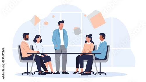 Business meeting with diverse team collaborating around a table, modern office.