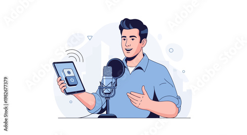 Man recording podcast with microphone and tablet, live streaming, online communication