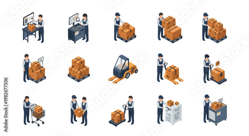 Warehouse Logistics Isometric Icons. Delivery Workers. Supply Chain Management. Vector Set.