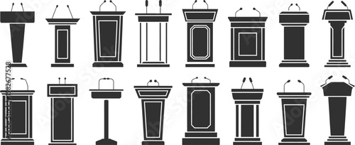 Podium and rostrum vector set, black silhouette illustrations of tribune podiums with microphone, isolated on white background, ideal for speeches, conferences, and public speaking design projects.