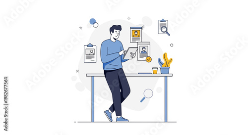 Man analyzing data on tablet near desk with candidate profiles and magnifying glass