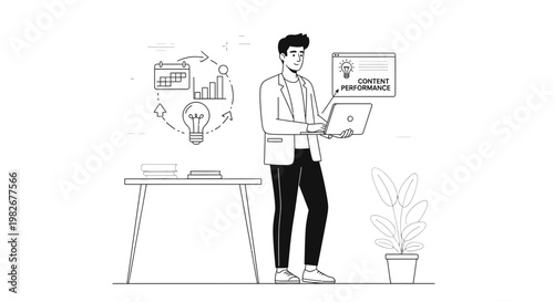Man analyzing content performance on laptop, business strategy and planning icons