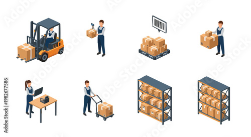 Warehouse Logistics Isometric Icons Set. Supply Chain Management. Flat Illustration. Business Concept.