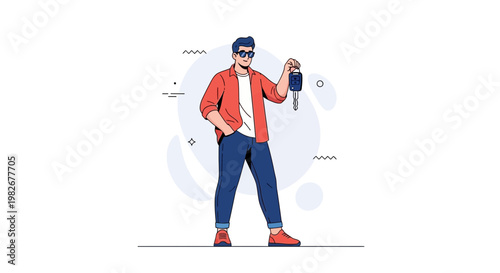 Man Holding Car Keys, New Driver, Modern Style Illustration