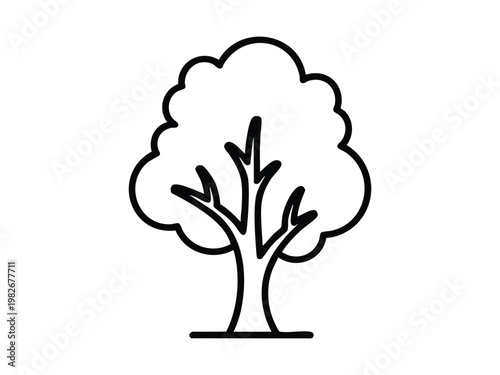 Simple black outline drawing of a deciduous tree with a full canopy and visible branches.