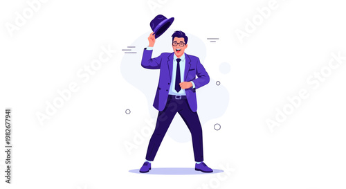 Man in Suit Dancing and Tipping Hat, Business Celebration, Success, Joyful Movement
