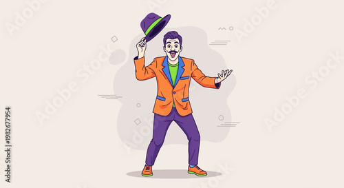 Man in Orange Jacket and Purple Pants Tipping Hat, Dancing