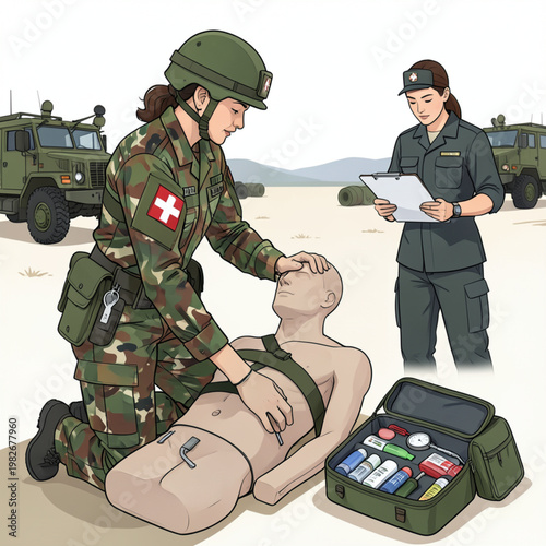 Military Field Medic Training – Female Soldier Applying Tourniquet in Exercise