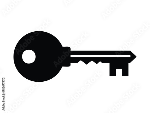 Black silhouette of a single metal key with a round head and jagged teeth, isolated on a clean white background.