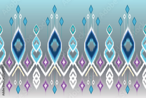 An intricate Ikat vector border design featuring a stunning gradient from light blue to soft grey.