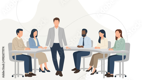 Business meeting with diverse team led by a confident man in a suit