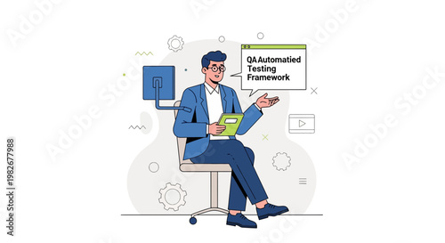 Man in Suit Discussing QA Automated Testing Framework with Presentation