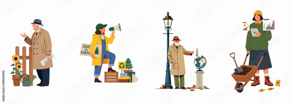 Fototapeta premium Illustrations of people participating in environmental activism, monitoring climate change, and practicing sustainable gardening to protect and save the Earth.