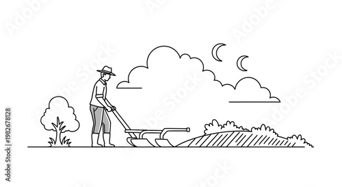 Man pushing a wheelbarrow in garden.
