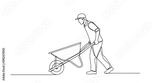 Man pushing a wheelbarrow outdoors slowly.