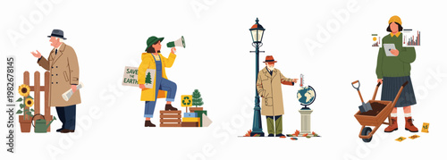 Illustrations of people participating in environmental activism, monitoring climate change, and practicing sustainable gardening to protect and save the Earth.