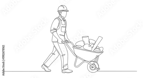 Man pushing a loaded wheelbarrow.