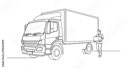 Man standing beside delivery truck.