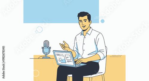 Man podcasting with laptop and microphone, online communication concept