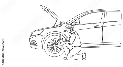 Man checking car tire pressure.