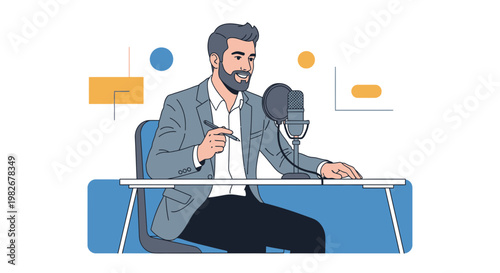 Man Podcasting with Microphone and Graphics