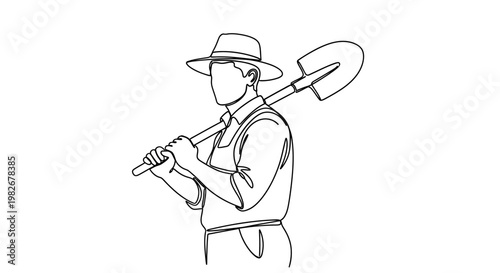 Man holding a shovel on shoulder.