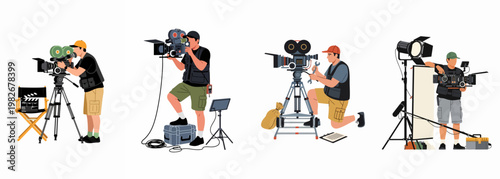 Set of illustrations featuring professional film crew members and cinematographers operating movie cameras and production equipment on a studio set.