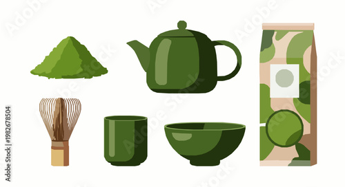Stylized matcha tea set vector illustration green tea EPS10 isolated on white