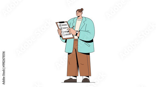 Person with clipboard and pen, checking list, modern flat illustration