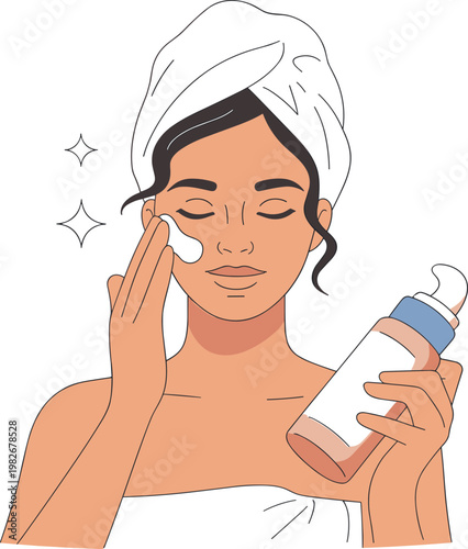 Vector illustration of a beautiful young woman applying face cream and wearing a towel wrap for skincare routine beauty treatment and wellness spa concept