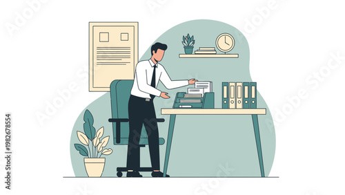Office worker organizing documents at desk with printer and binders