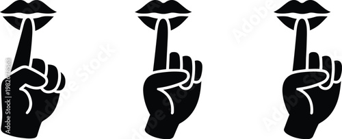 Quiet please gesture icon, vector illustration of human hand with index finger on lips, symbolizing silence, hush, and “shhh” warning for communication and UI design.