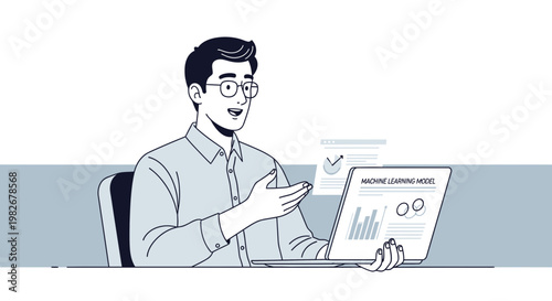 Man presenting machine learning model with charts on laptop screen