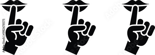 Quiet please gesture icon, vector illustration of human hand with index finger on lips, symbolizing silence, hush, and “shhh” warning for communication and UI design.