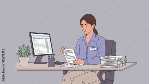 Office worker woman at desk with computer and stacks of paper, working diligently